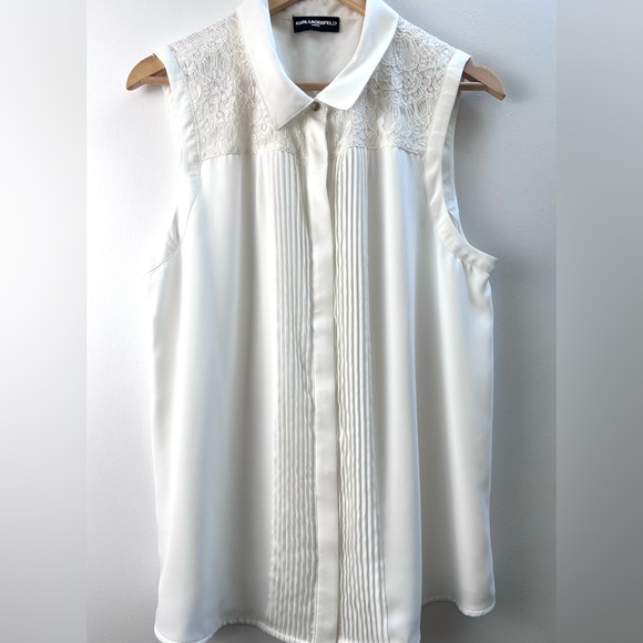Karl Lagerfeld White Button Up Lace Detail Ruffle Blouse Top - Picture 4 of 15